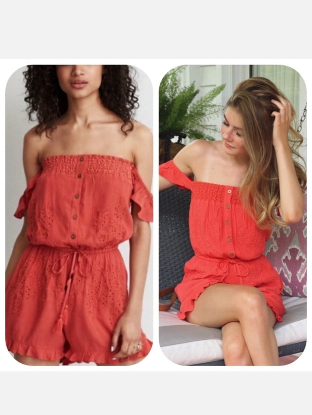 American Eagle Outfitters Coral Floral Embroidered Off Shoulder Romper Large